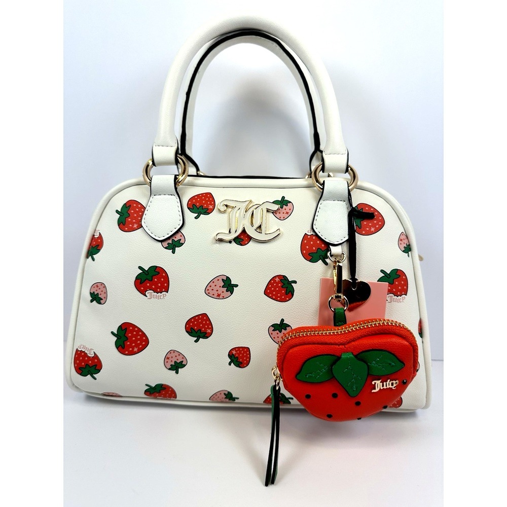 Juicy Couture Strawberry Bowler Bag White Sweet N Juicy  w Coin Purse Charm - Picture 2 of 12